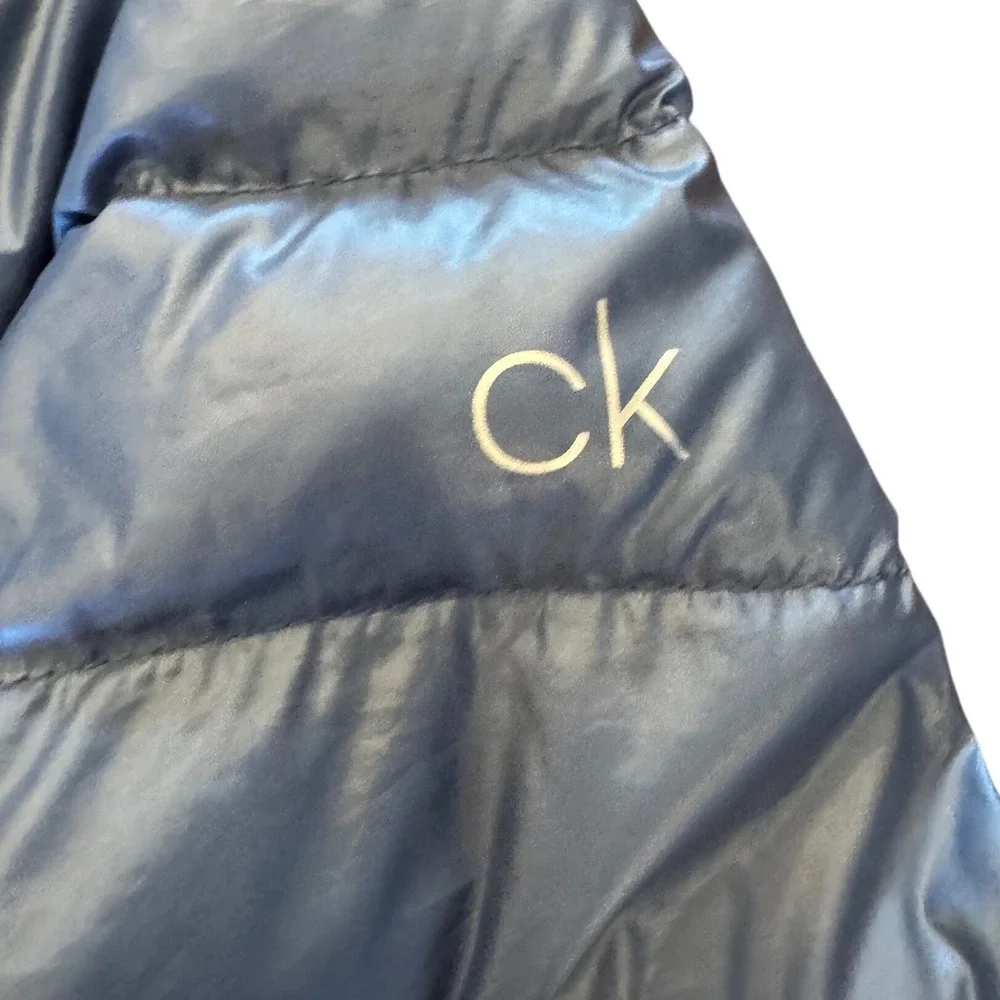 Calvin Klein Womens XS Metallic Blue Packable Premium Down Hooded Puffer Jacket